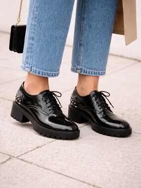 Zara Black Studded Platform Loafers Size 41-Chunky Grunge Oxford Style